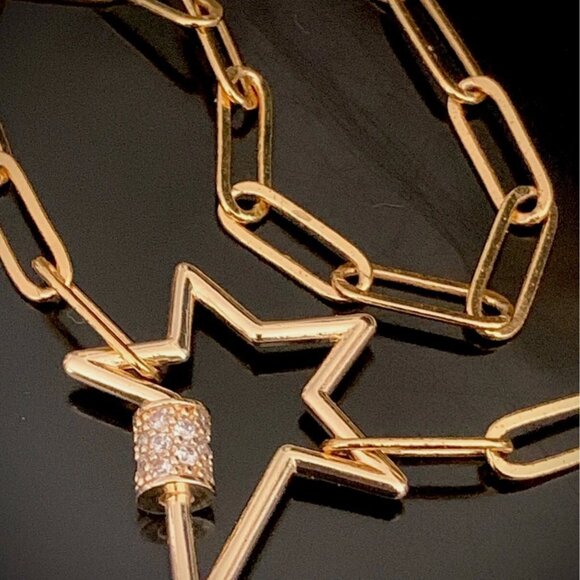 NEW! 14K Gold Plated Paperclip Chain and Zirconia Carabiner Star Choker Necklace - Picture 5 of 7